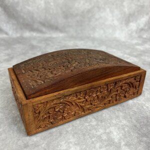 Carved Wood Trinket Box from India Floral & Vine Domed Lid Rosewood VTG Handmade